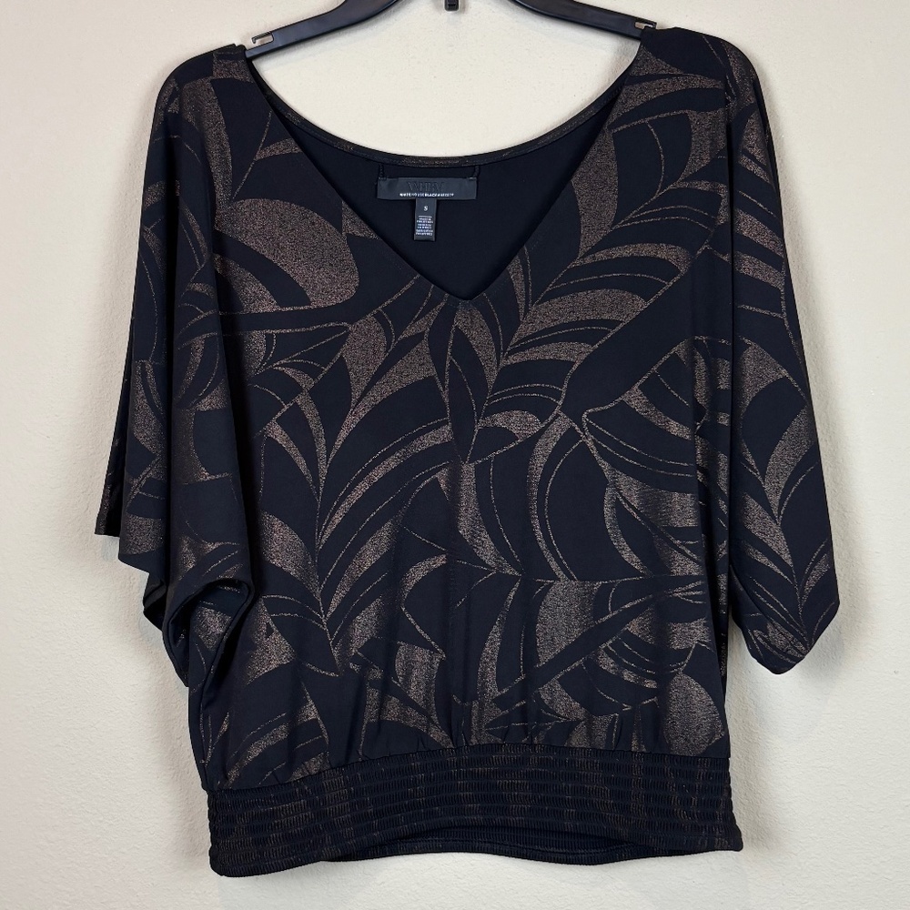 White House Black Market Black w/ Metallic Brown Patterned V-Neck Blouse; Size S